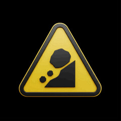 Realistic 3D rendering of a yellow triangular warning sign for falling rocks, symbolizing landslide danger, road hazard, and safety precautions