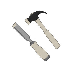 Hand tools including a chisel and hammer on a white background, ideal for DIY and construction projects
