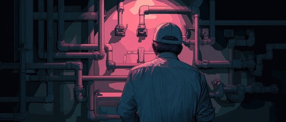 Obraz premium Technician Examining Industrial Pipes in Neon Light Setting