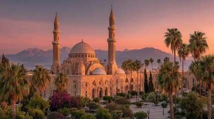 Panoramic view of a mosque at dawn with soft morning light