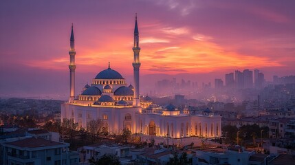 Naklejka premium Panoramic view of a mosque at dawn with soft morning light