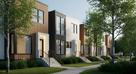 Modern townhouses with lush green trees lining a picturesque street