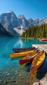 Una vista impresionante de un lago turquesa rodeado de monta&ntilde;as nevadas, con canoas amarradas en la orilla.