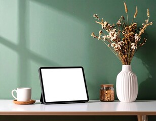 Digital tablet on a white table