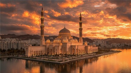 Obraz premium Panoramic view of a mosque at dawn with soft morning light