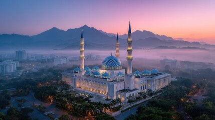 Naklejka premium Panoramic view of a mosque at dawn with soft morning light