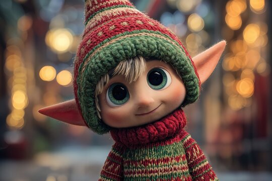 Un adorable elfo navide&ntilde;o sonr&iacute;e con picard&iacute;a, rodeado de luces borrosas.