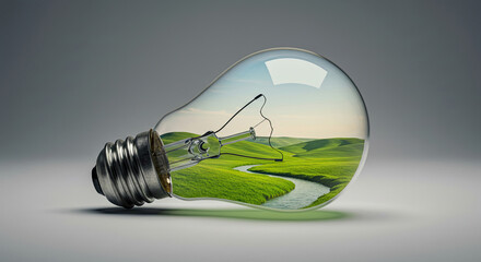 Lightbulb with Inner Landscape of Rolling Hills and River | Symbol of Mental Clarity and Creative Ideas | Concept of Mindfulness, Innovation, Emotional Balance