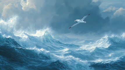 Fototapeta premium Dramatic seascape with a seagull soaring over turbulent waves under a cloudy sky, capturing the power of nature
