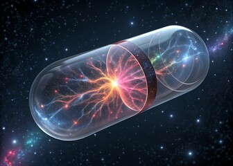 futuristic capsule opening with glowing fractal particles