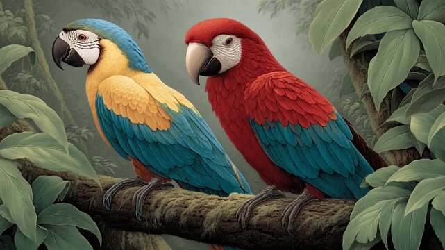 Pair of parrots perched on mossy branch in lush jungle setting