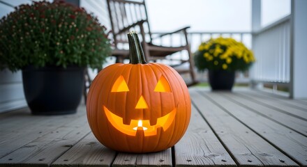 Obraz premium Halloween Night Pumpkin Lantern on Porch with Colorful Flowers for Spooky Season
