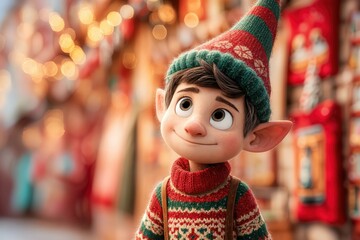 Un elfo navide&ntilde;o sonr&iacute;e con picard&iacute;a en un ambiente festivo.