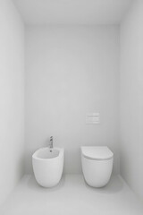 Modern minimalist bathroom with a toilet and bidet in all white