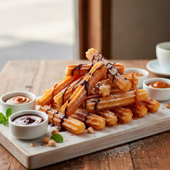 Delicious Churros with Chocolate and Caramel Dipping Sauces