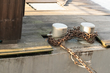 A chain is tied to a metal post