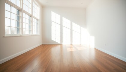 Bright empty room with large windows casting sunlight shadows on polished wooden floor