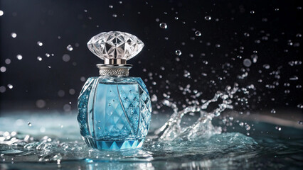Elegant blue perfume bottle with water splash and droplets