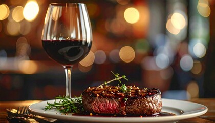 a cooked steak on a plate with a glass of red wine. The steak is garnished with herbs and sits on a white plate