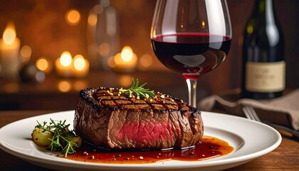 a perfectly cooked steak on a plate, accompanied by a glass of red wine and a bottle of wine. The scene is set with candles, creating a romantic and elegant atmosphere