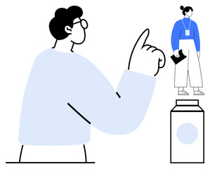 Oversized man raises a finger toward a tiny woman with documents on a pedestal, symbolizing leadership, mentorship, authority, hierarchy, empowerment, guidance, and influence. Ideal for simple flat