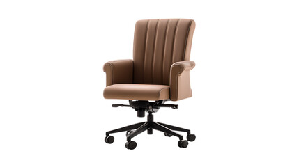 Brown upholstered office chair with caster wheels on white background. 