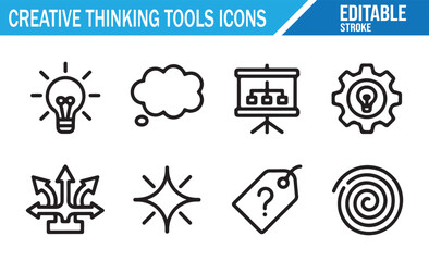 Black and white vector icons of creative solutions and problem solving tools