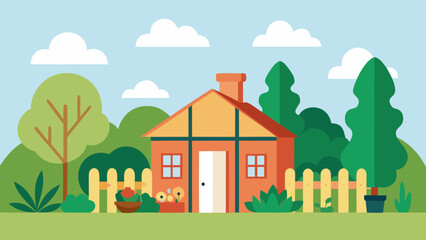 Fototapeta premium Vector illustration of a rural landscape with a small cottage, green grass, and a bright sky with sun