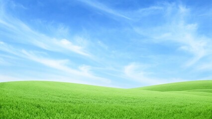 Obraz premium Panoramic Minimalist Landscape with Rolling Green Hills under Clear Blue Sky and Wispy White Clouds, Serene Outdoor Nature Scene in Bright Soft Daylight 