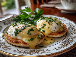 classic eggs benedict with poached eggs
