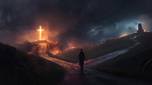 back view of a man walking to the crossroad with two path lead to burning cross  and other way lead to ancient  shrine , symbolizing choice, destiny, and the message of Jesus coming to fulfill the law