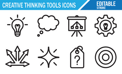 Set of creative thinking tools icons with light bulb idea gear question mark and target symbols editable stroke line design black and white vector illustration for innovation brainstorming and busines