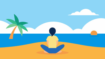 A beautiful woman doing yoga on a tropical beach, a summer vector illustration of relaxation and nature