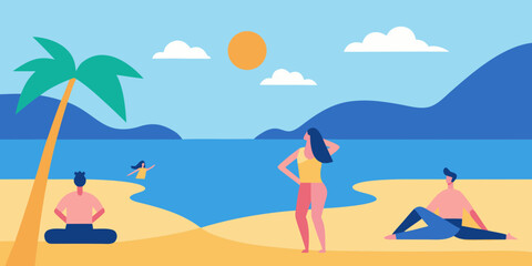 Vector cartoon illustration of a beautiful woman in a summer bikini on a tropical beach with a sun hat, enjoying her vacation