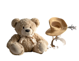 Eco-friendly teddy bear stuffed toy soft beige grey tones warm light 