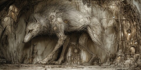 Obraz premium Un lobo cibernético acecha en un paisaje industrial surrealista.