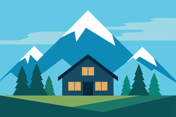 Vector illustration of a rural village house in a summer mountain landscape with trees