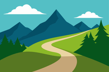 Vector illustration of a serene mountain landscape with green hills, a blue sky, and a tranquil lake