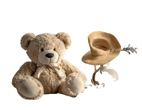 Eco-friendly teddy bear stuffed toy soft beige grey tones warm light 