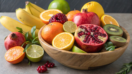 Variety of fresh ripe fruits in a wooden bowl