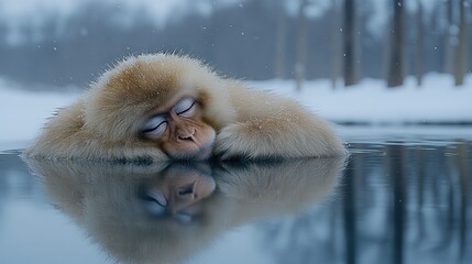 Snow Monkey Sleeping in Ice-Cold Water