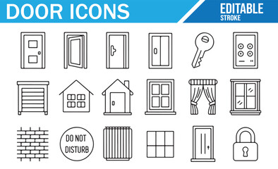Editable stroke line icons of doors windows and locks architecture concept