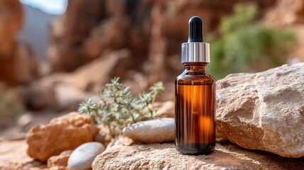 Fototapeta premium Close-up of a brown glass dropper bottle resting on dark rocks, highlighted by natural light, showcasing its rich amber liquid