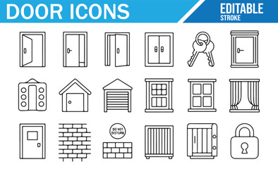 Door icons set with keys locks and windows vector illustration editable stroke