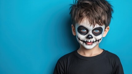 Young boy with spooky skeleton face paint stands against blue background showcasing Halloween spirit