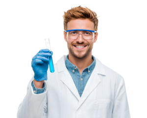 a smiling young male scientist holding a test tube with a blue liquid, against