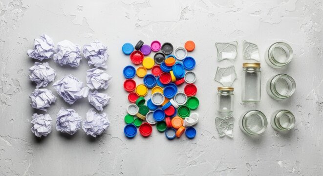 A flat lay of sorted waste materials for recycling. Crumpled paper, colorful plastic caps, and glass jars showcasing the concept of waste management and environmental responsibility