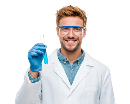 a smiling young male scientist holding a test tube with a blue liquid, against