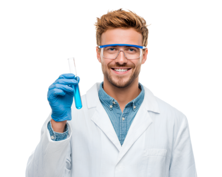 a smiling young male scientist holding a test tube with a blue liquid, against