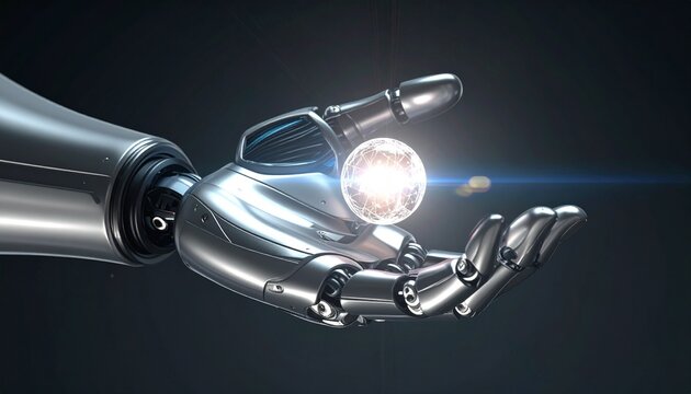 Futuristic robotic arm holding a glowing digital sphere, symbolizing AI.